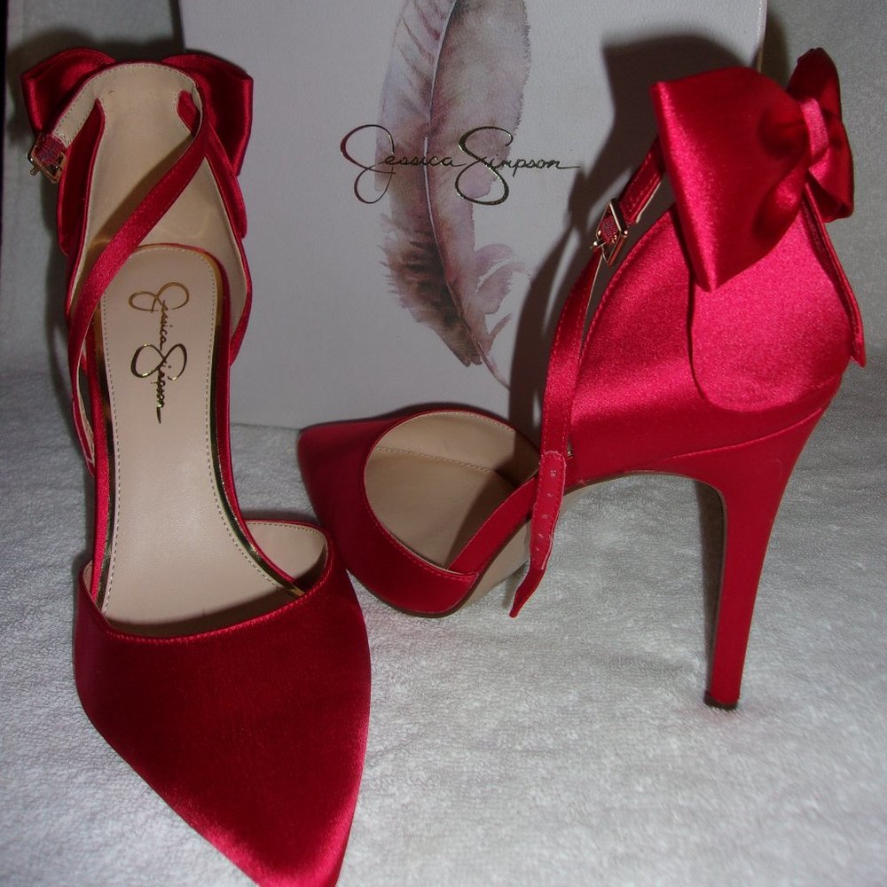 Red Jessica Simpson high heels with bows NIB